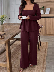 Elegant ruched wine red two-piece set with square neck top and wide-leg pants