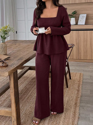 Elegant ruched wine red two-piece set with square neck top and wide-leg pants