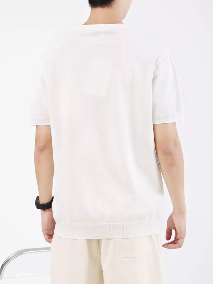 Men's white ribbed knit t-shirt with short sleeves and crew neck.