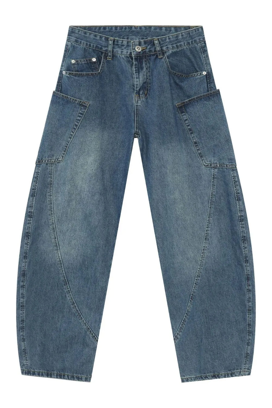 Medium wash denim balloon trousers with unique paneling and a relaxed fit.