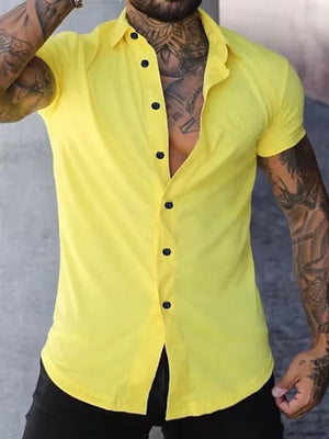 Men's yellow slim fit short sleeve button-down shirt with black buttons.