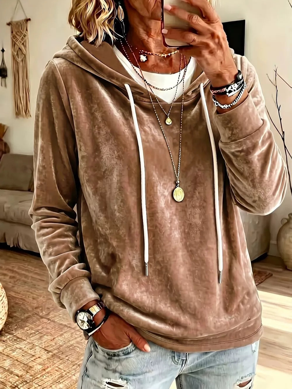 pullover hoodie in taupe featuring drawstring and relaxed fit