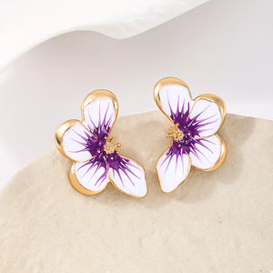 Purple and white butterfly blossom stud earrings with 18K gold plating.