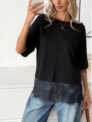 black t-shirt with lace and round neck