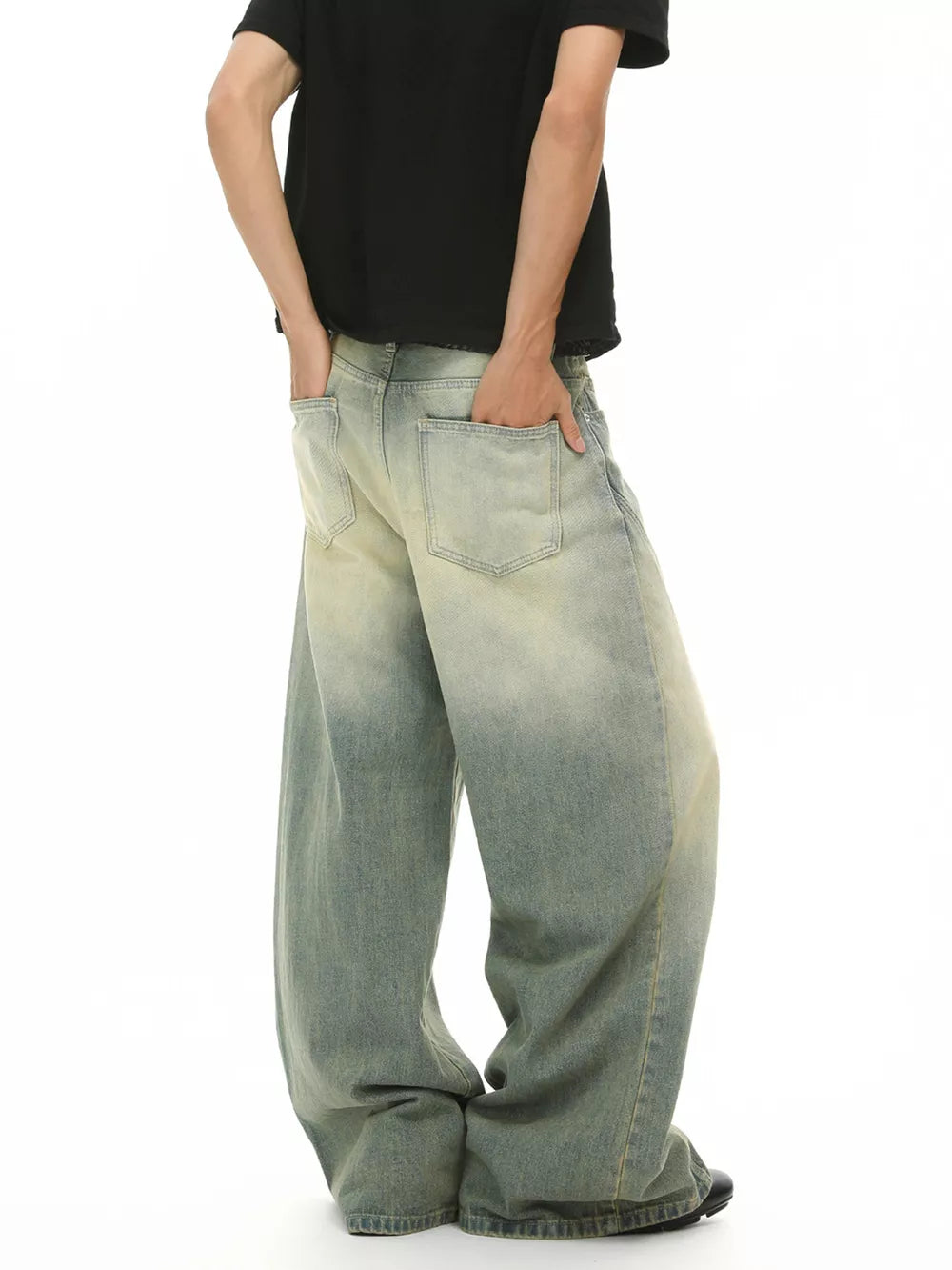 Timeless wide leg denim trousers in light wash with gradient effect, cotton.