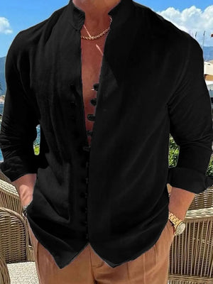 Black linen shirt with mandarin collar and button placket, long sleeves.