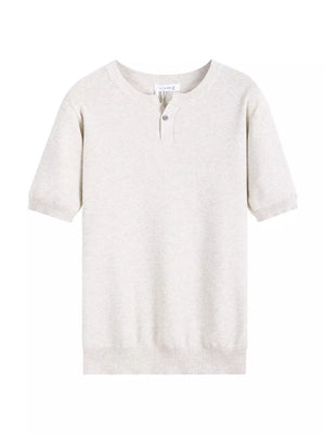 Men's short sleeve knit henley in Flower Gray with a two-button placket.