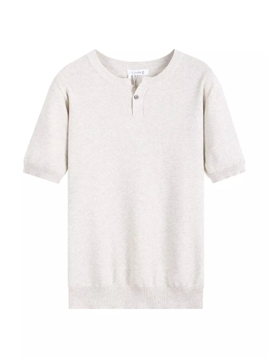 Men's short sleeve knit henley in Flower Gray with a two-button placket.