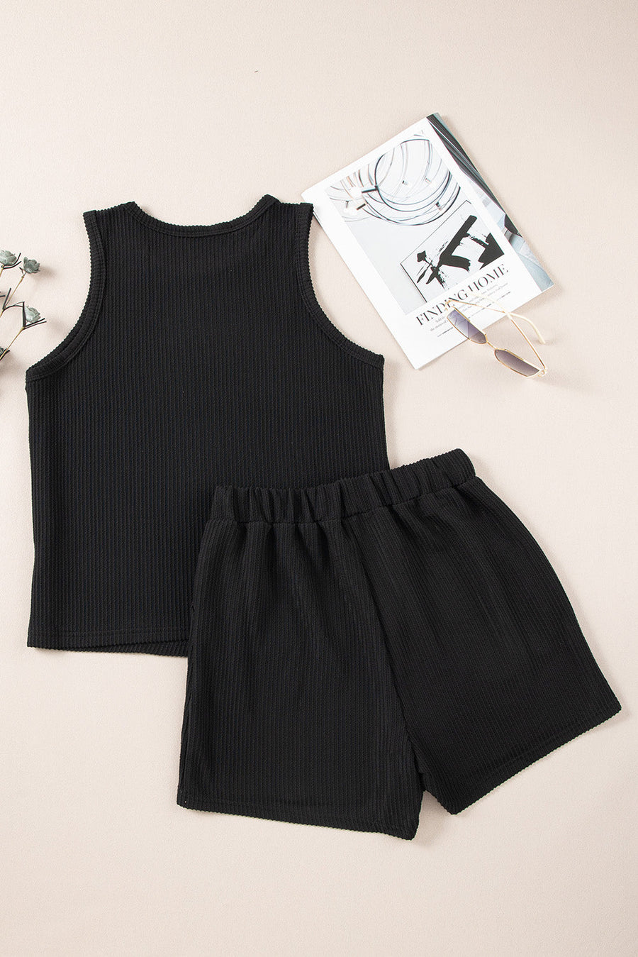 Black ribbed tank top and shorts set with elastic waistband