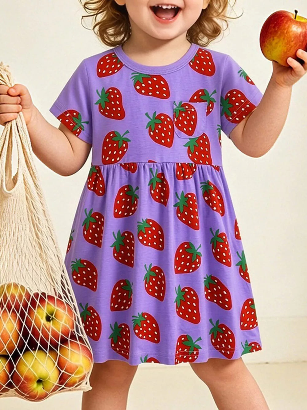 Purple cotton blend toddler dress with allover red strawberry print and chest pocket.