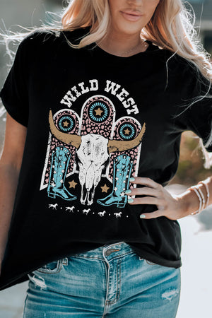 Black crewneck tee with a Wild West graphic featuring a bull skull, cowboy boots, and horses.