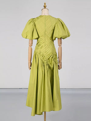 Green with Puff Sleeve Ruched Midi Dress