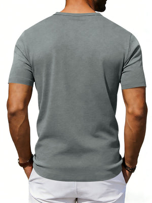 Gray cotton blend scoop neck tee with short sleeves.