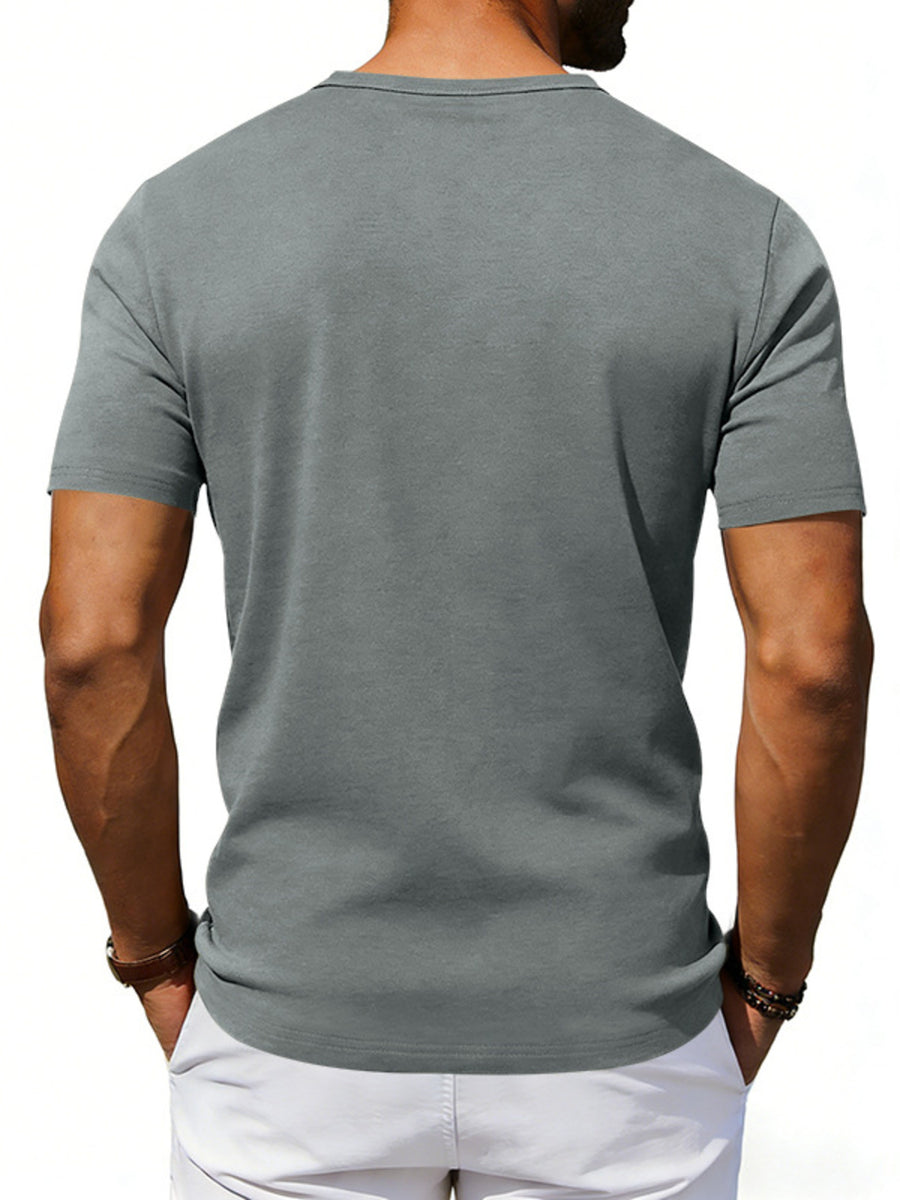 Gray cotton blend scoop neck tee with short sleeves.