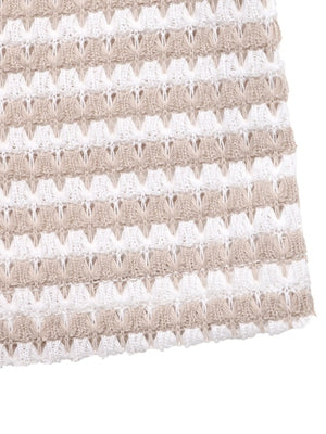 V-neck cap sleeve t-shirt in beige and white striped knit fabric with button detail