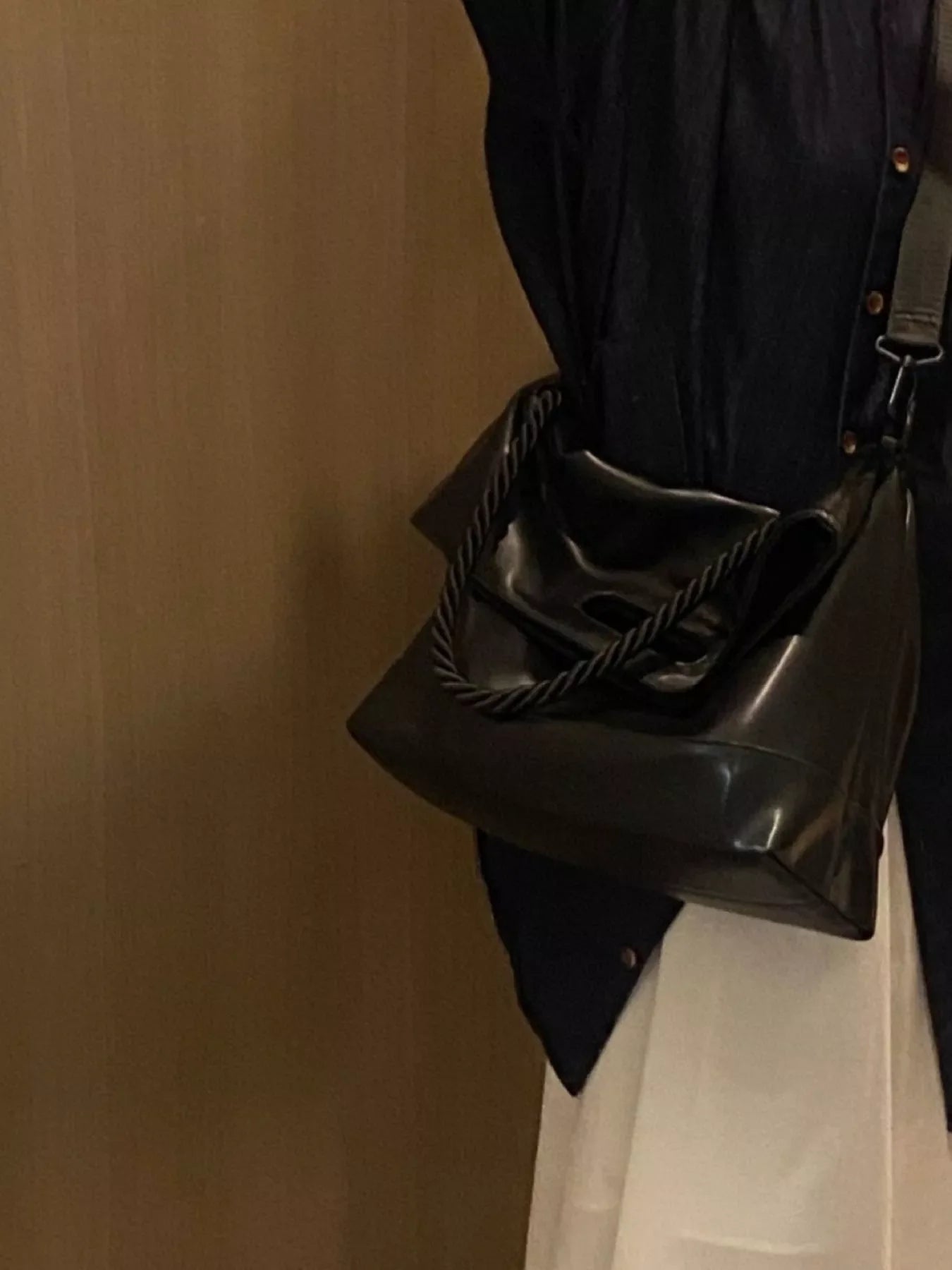 Black oversized PU leather tote bag with rope handle detail