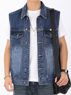Men's vintage washed denim vest with button-down front and chest pockets.