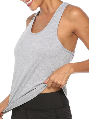 Grey racerback tank top with a scoop neckline and a relaxed fit.
