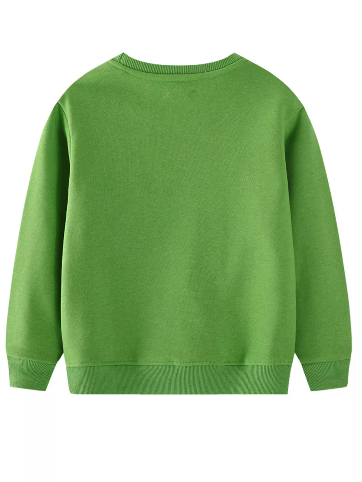 Green crewneck sweatshirt with dinosaur embroidery detail.