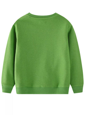 Green crewneck sweatshirt with dinosaur embroidery detail.