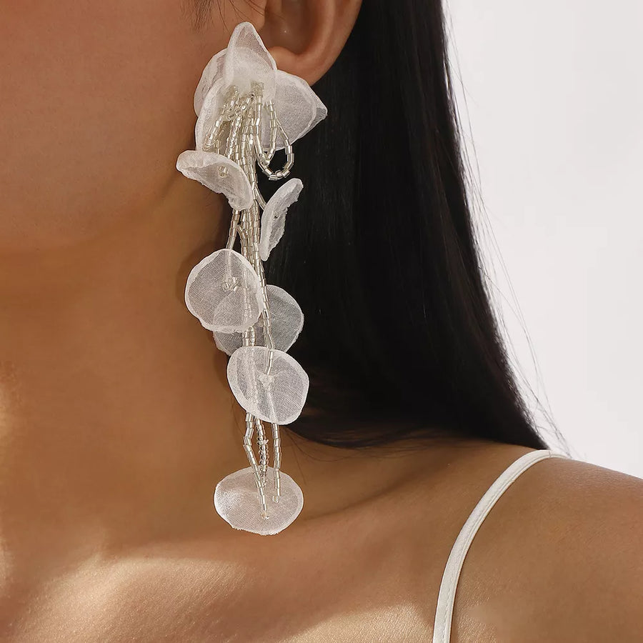 earrings featuring floral in Pink with Rice pearls, Yarn Care instructions: 1 texture
