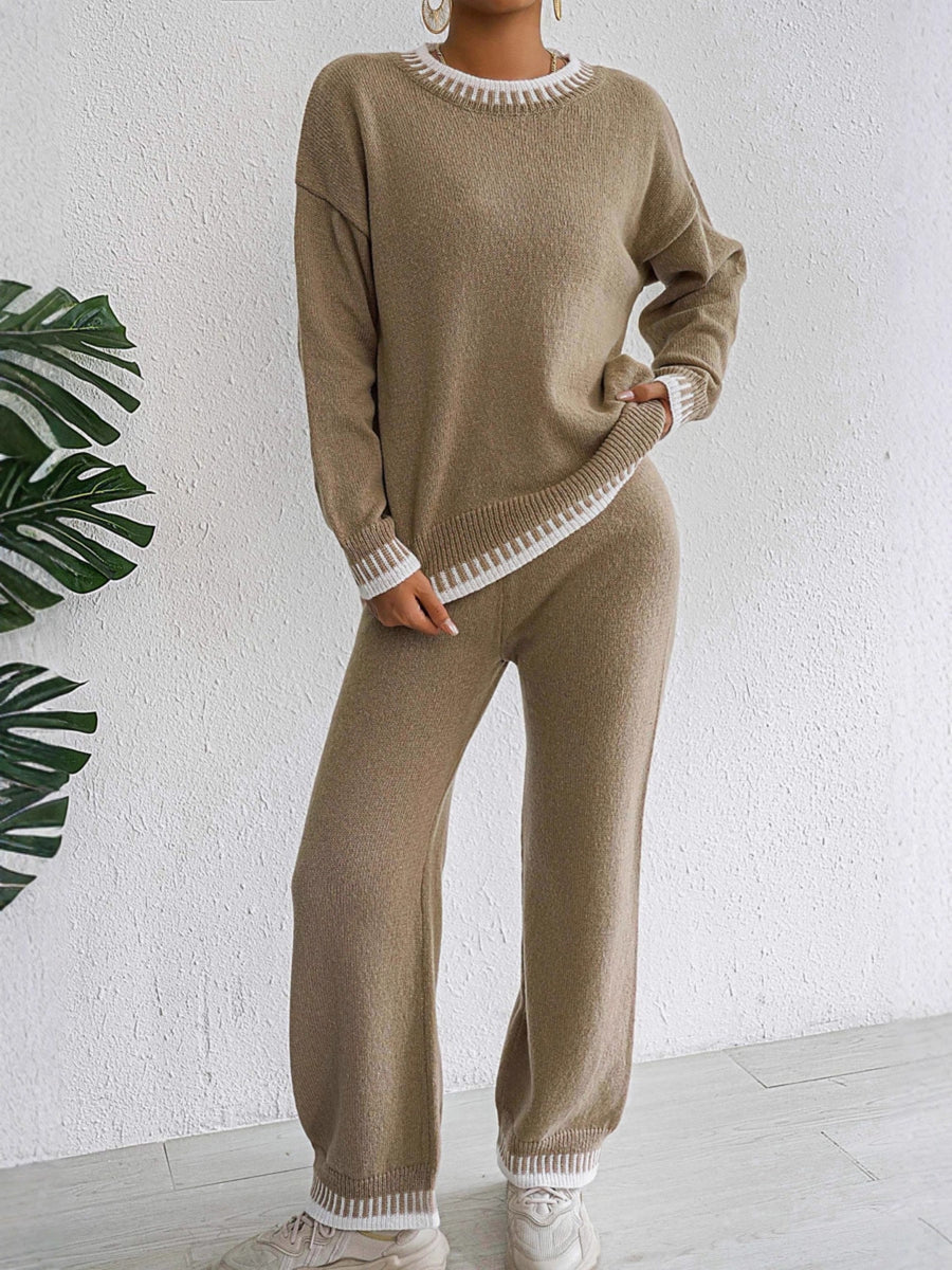 camel sweater and pants set with striped and crew neck