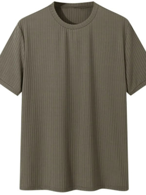 Textured ribbed crewneck tee in coffee brown with short sleeves.