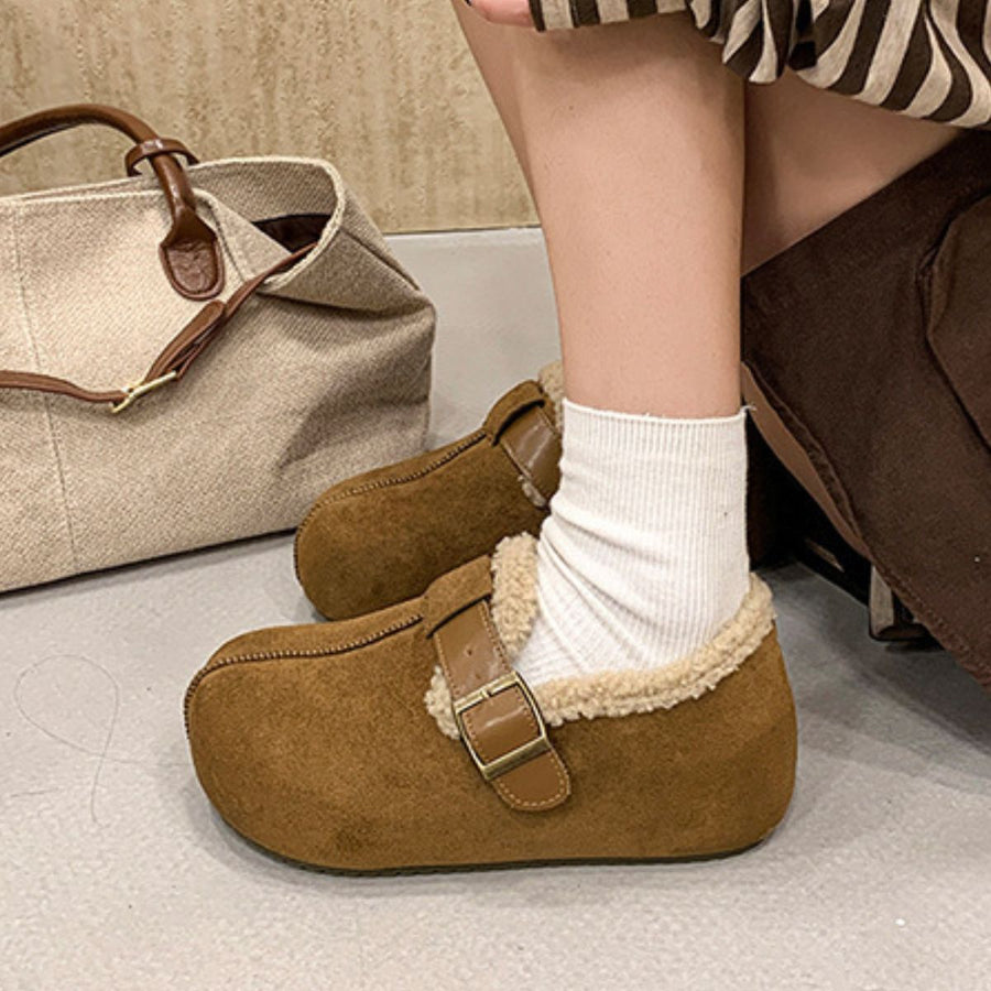 Buckle Round Toe Platform Slip-Ons in Camel with round toe