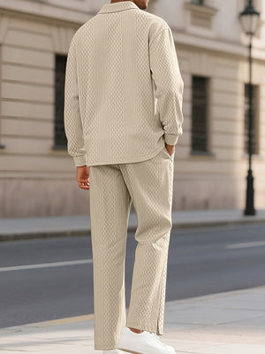 Men's Textured Long Sleeve Top And Pants Set in Grey