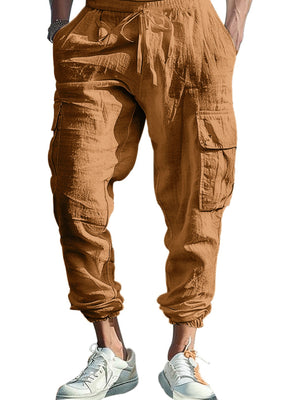 Khaki cargo pants with drawstring waist and elastic cuffs.