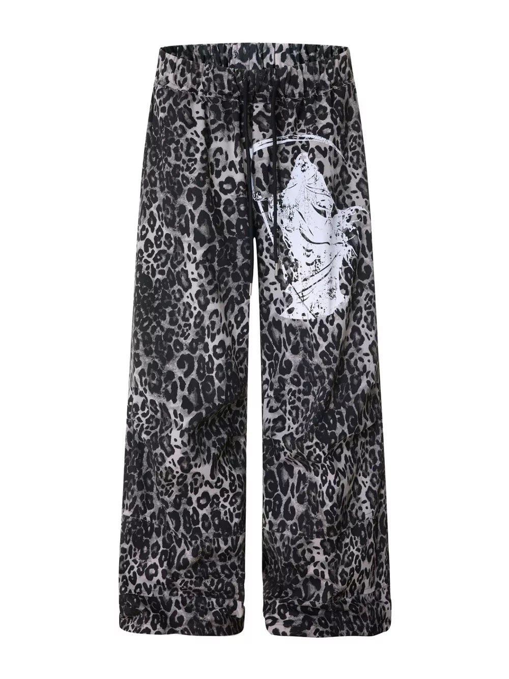 Leopard print cotton sweatpants with drawstring waist and wide legs, featuring a graphic print.