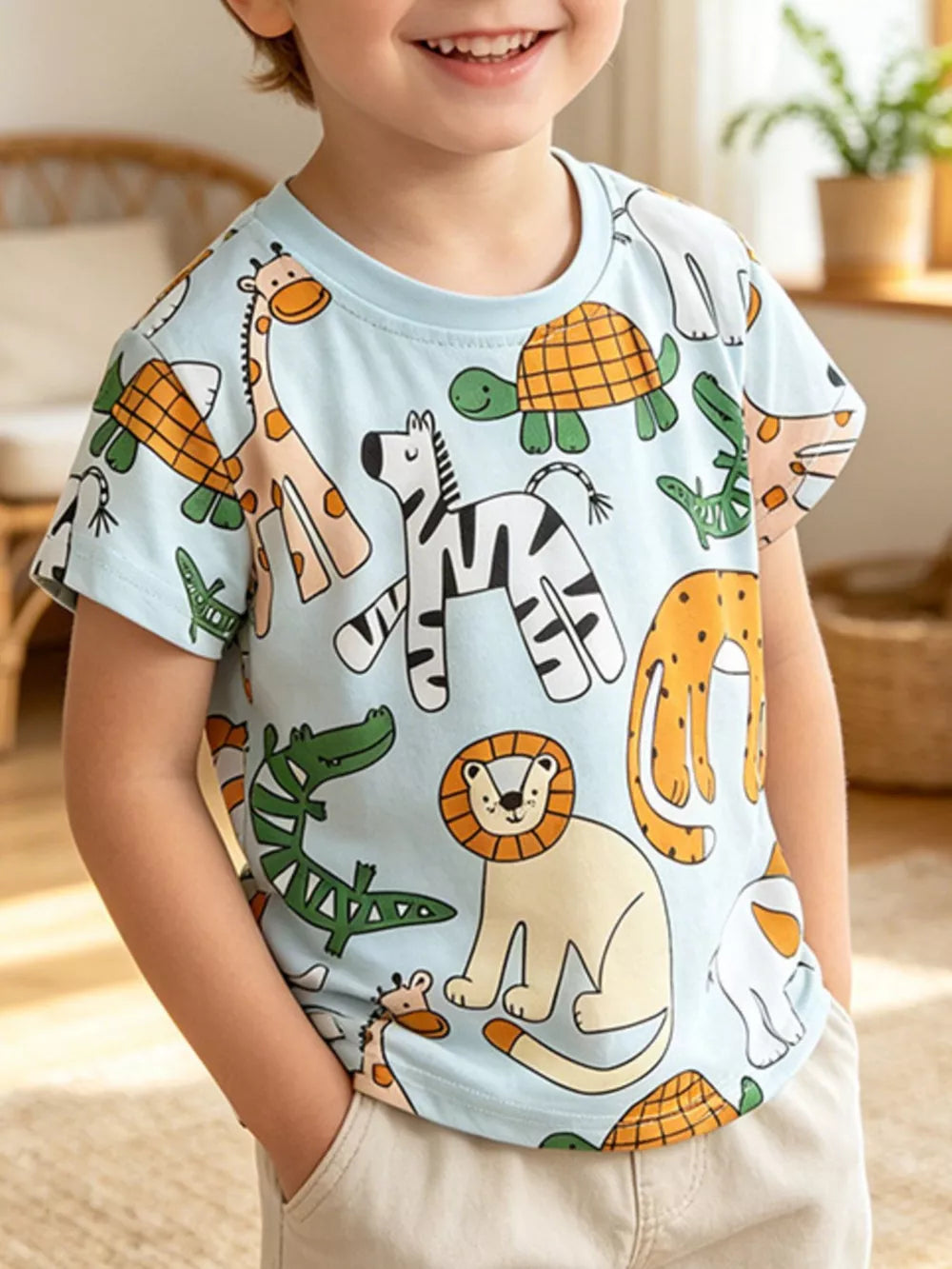 Vonili blue cartoon animal safari adventure short sleeve kids t-shirt