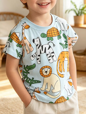 Vonili blue cartoon animal safari adventure short sleeve kids t-shirt