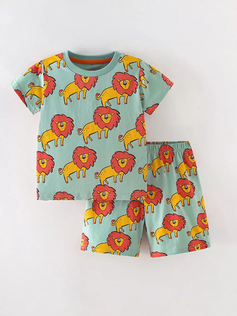 Toddler cotton blend pajama set with allover yellow lion graphic on light green.