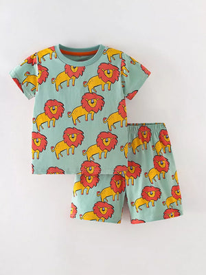 Toddler cotton blend pajama set with allover yellow lion graphic on light green.