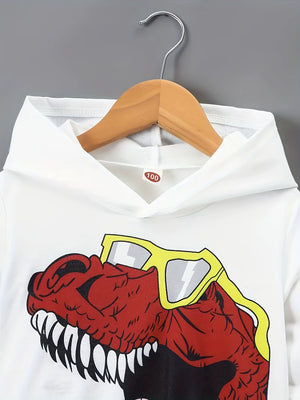 White hoodie with a red dinosaur graphic wearing yellow sunglasses.