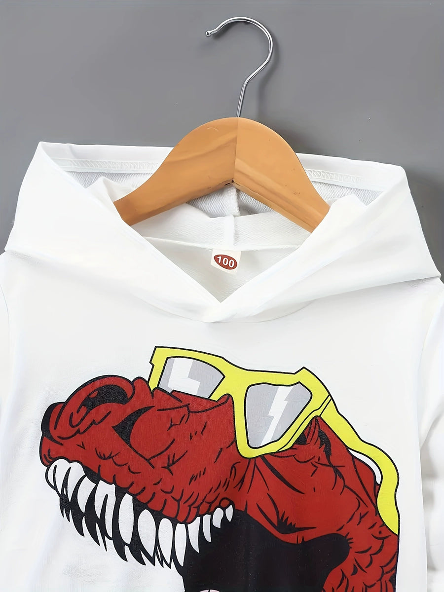 White hoodie with a red dinosaur graphic wearing yellow sunglasses.