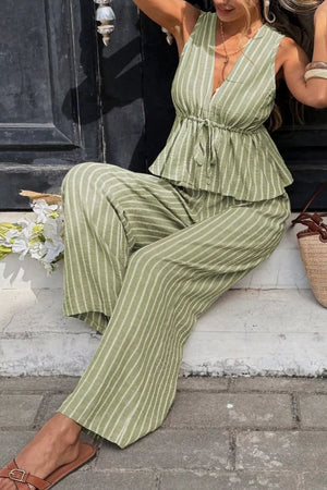 Sage striped two-piece set with peplum top and wide-leg pants