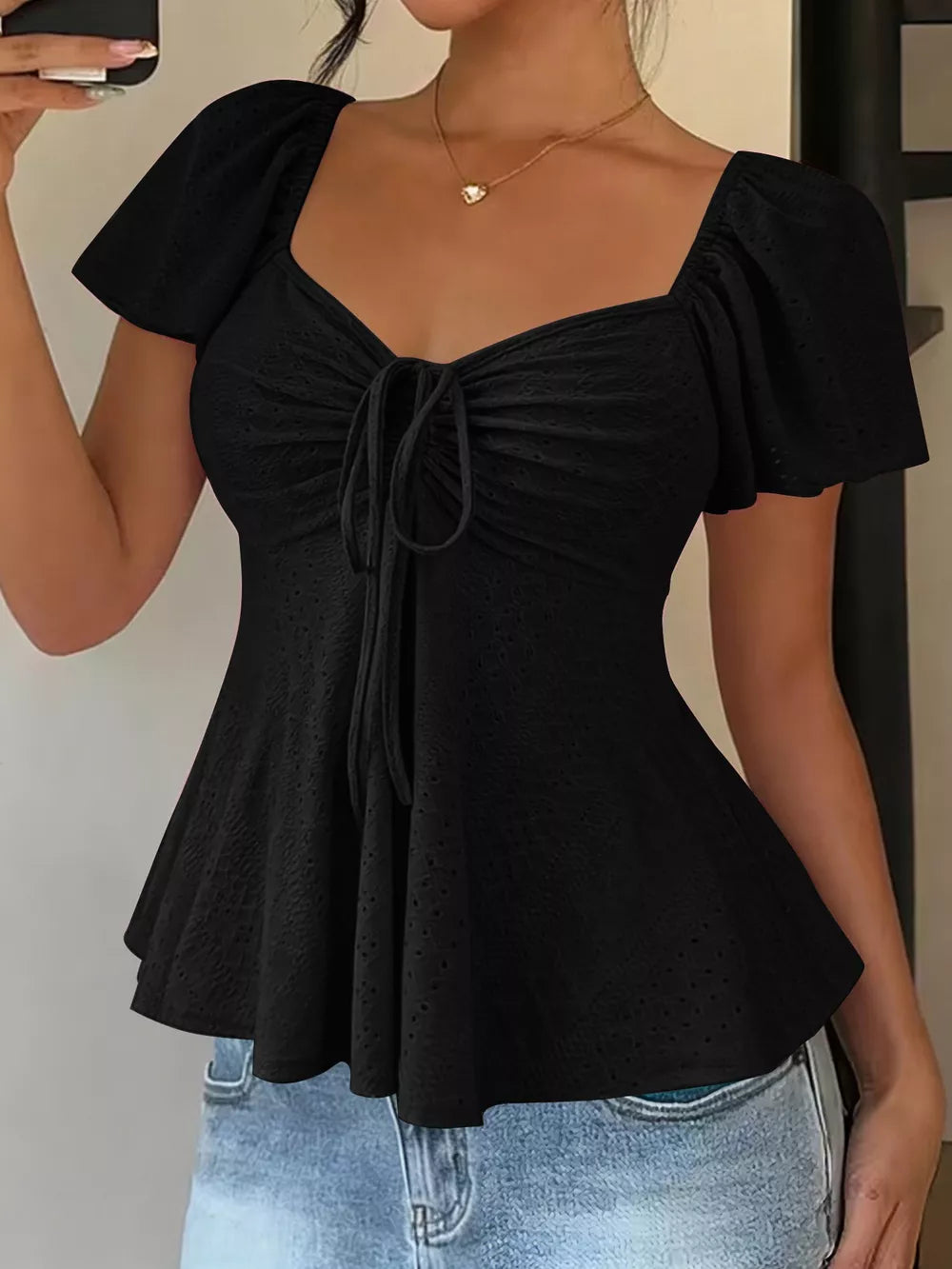 Purple Ruched Flutter Sleeve Peplum Top
