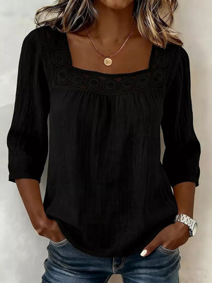 Black polyester blouse with square neck and crochet trim, 3/4 sleeves