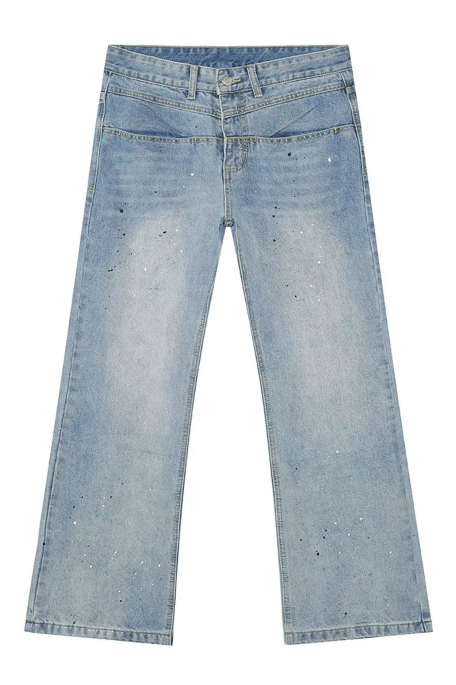 Light wash denim jeans with double waistline and splatter paint detail.