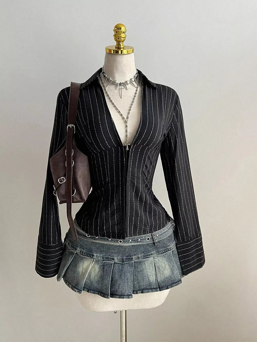Dark Navy with Striped Long Sleeve Fitted Blouse in Dark Navy