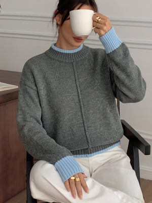 charcoal crewneck sweater with hip-length and pullover