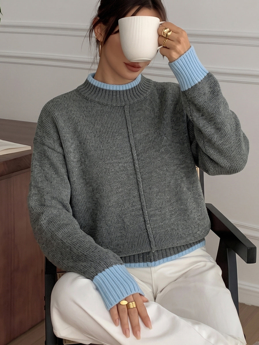 charcoal crewneck sweater with hip-length and pullover
