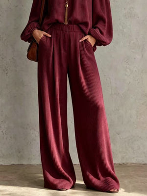 Off-Shoulder Crisscross Ribbed Knit Top & Pants Set in Black with pocketed