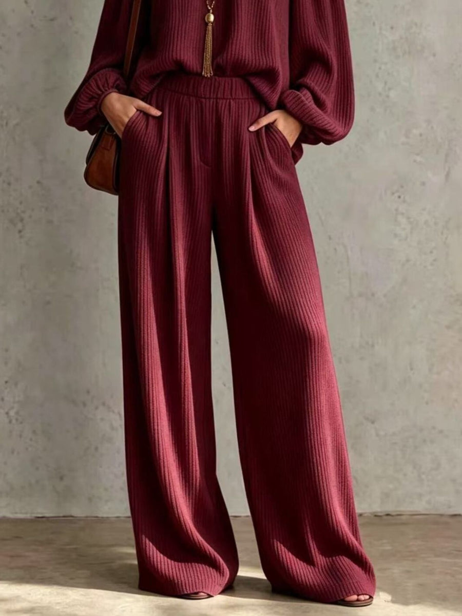 Off-Shoulder Crisscross Ribbed Knit Top & Pants Set in Black with pocketed
