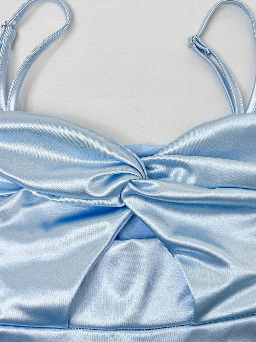 Light blue satin cami with twisted knot detail and adjustable straps