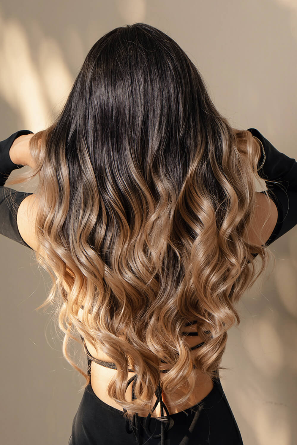 Ombre Wave Synthetic Lace Front Wig in Brown/Caramel Balayage with loose waves.