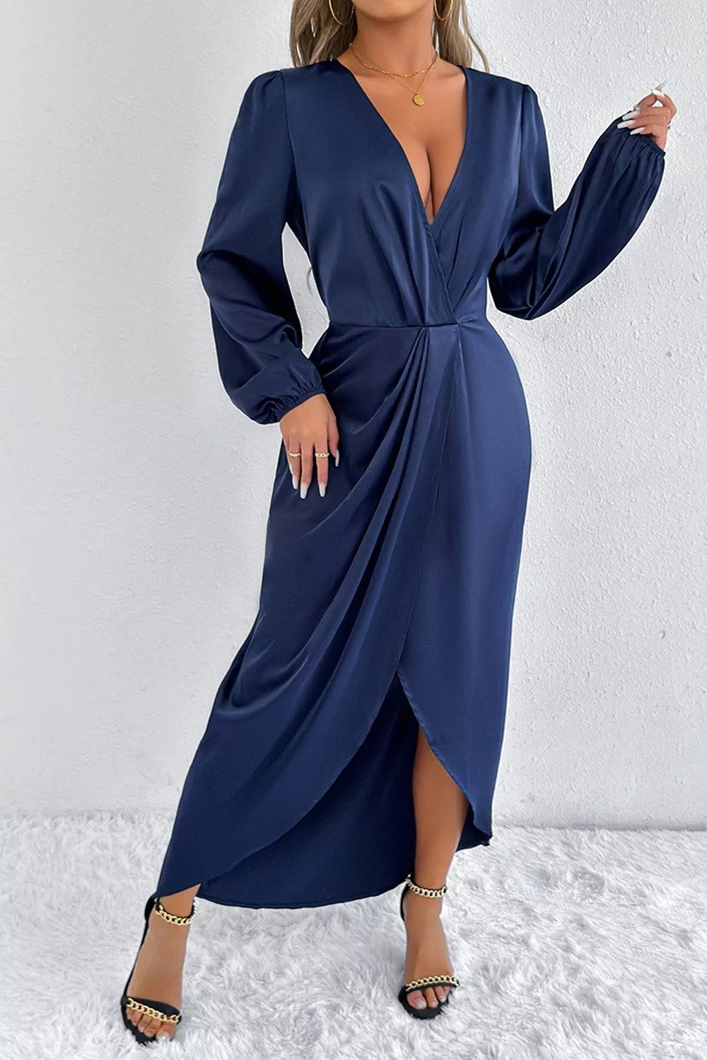 Terracotta A-line midi dress with deep v-neck