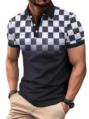 Men's black ombre checkered polo shirt with short sleeves and a buttoned collar.